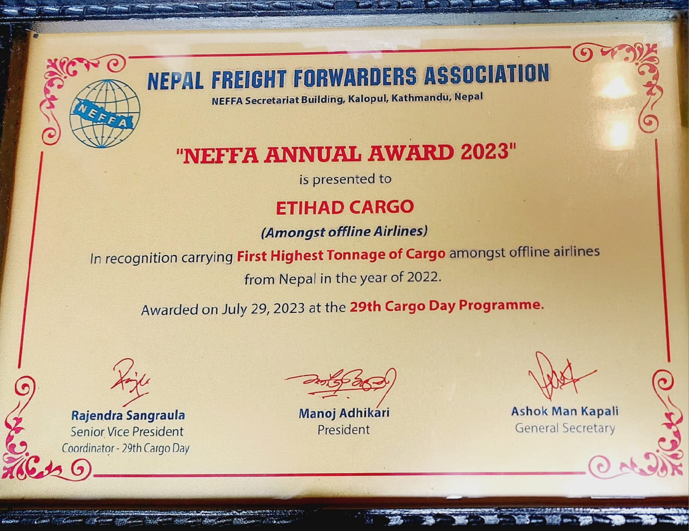 First Highest Tonnage of Cargo amongst offline airlines from Nepal in the year 2022